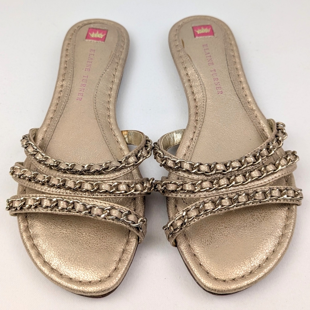 Elaine Turner Strappy Metallic Gold Sandals Chain Detail Flats Slides Glam 6.5